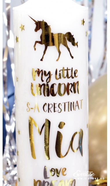 Lumanare de botez personalizata, print folio gold, 30x8cm, Unicornul magic 1